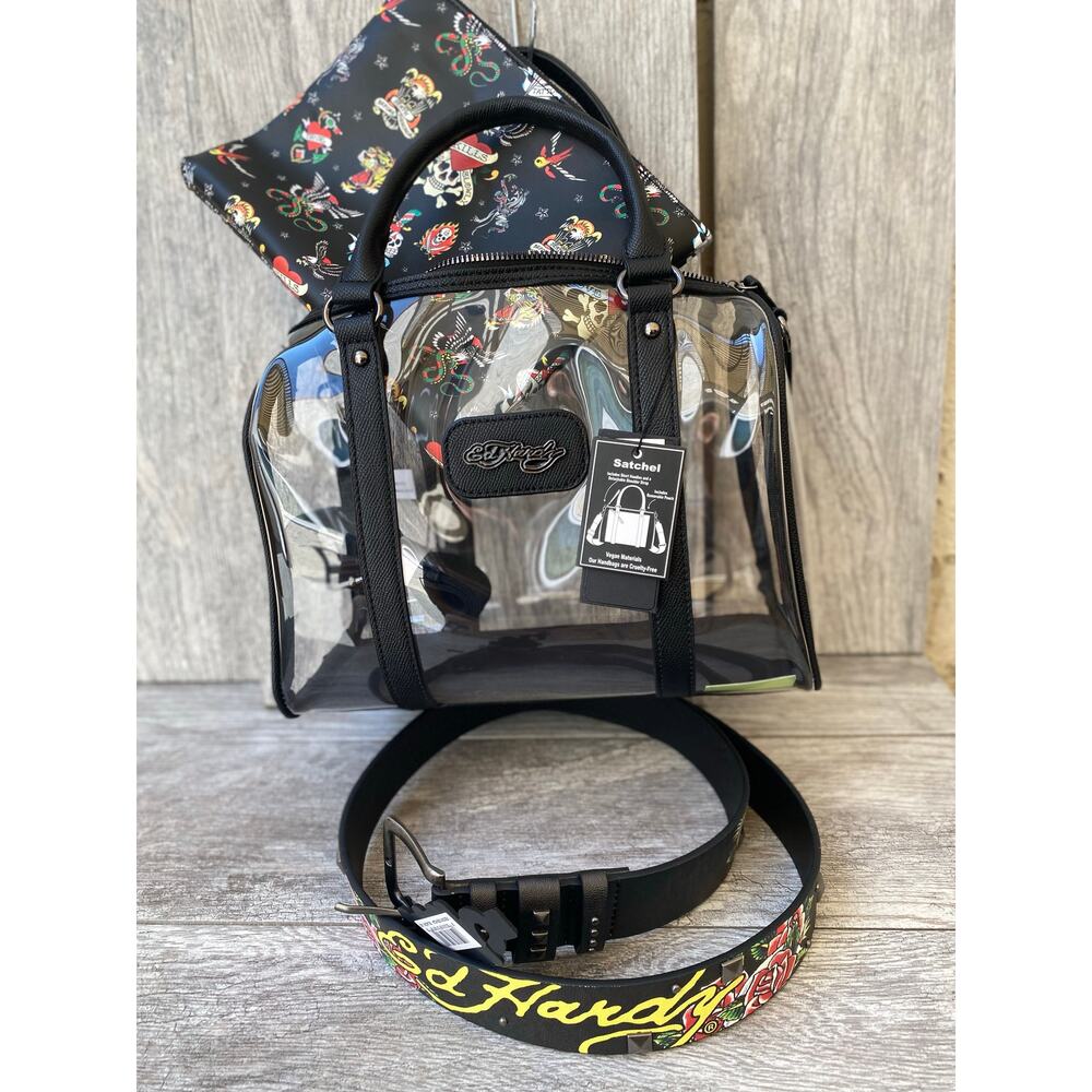 Ed Hardy Tattoo Belt & Clear Satchel Set | Rockabilly Style, Vegan, Size 42
